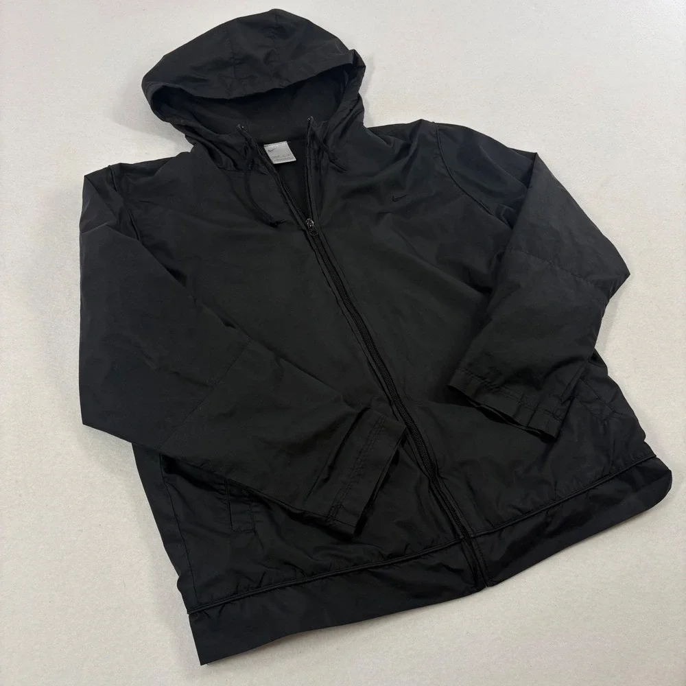 VTG Y2K 90s‎ Nike Mens M Full Zip Hooded Windbreaker Jacket Black Swoosh Street